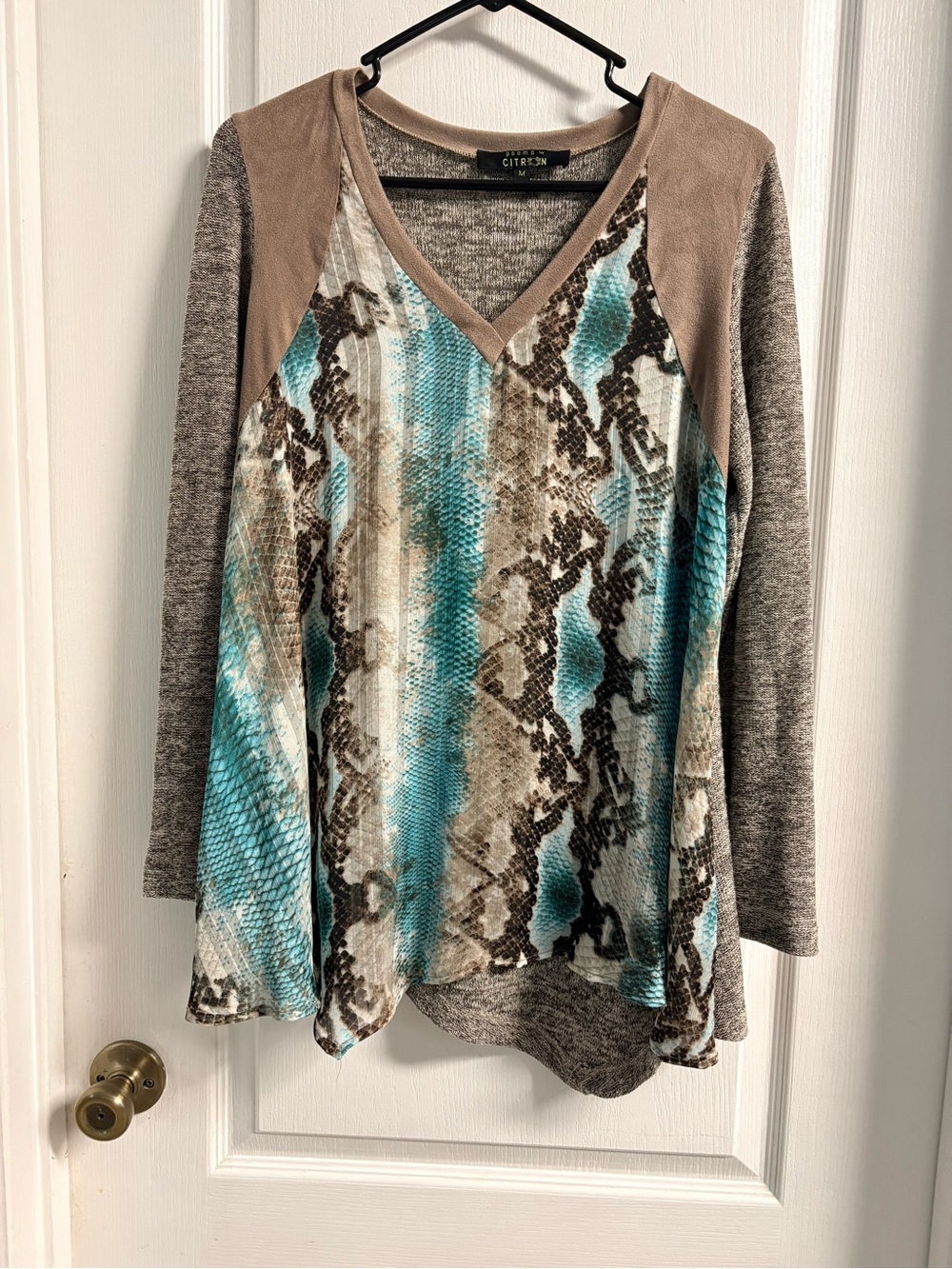 Citron Teal and Brown Snake-Print Long Sleeve V-Neck Top
